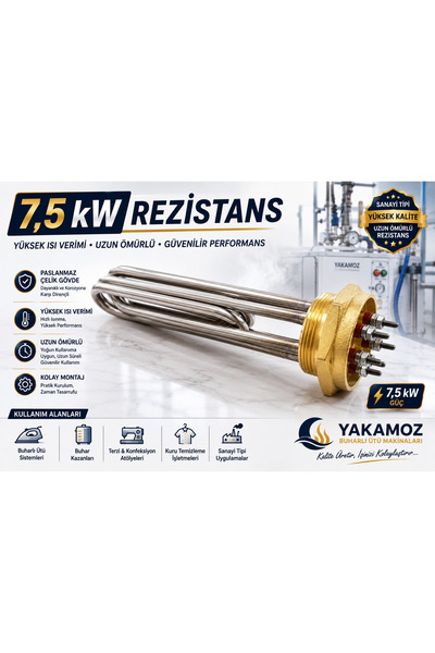 7,5 kW Rezistans | Sanayi Tipi Buhar Kazanı Rezistansı | Paslanmaz Çelik Isıtıcı Rezistans