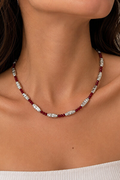 FIERA JEWELRY Burgundy Bead Detailed Silver Color Metal Beaded Handmade Women...