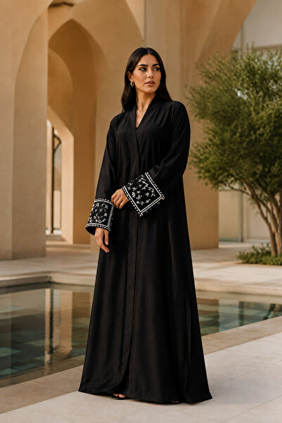 generi Women's Black Embellished Open-Front A-Line Abaya - Size 56