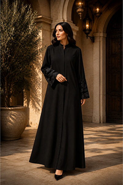 Generic Women's Black Modest Abaya with Velvet Floral Cuffs