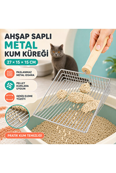 Uzay Shop Ahşap Saplı Metal Kedi Kumu Temizleme Küreği – Geniş Izgaralı Pelle...