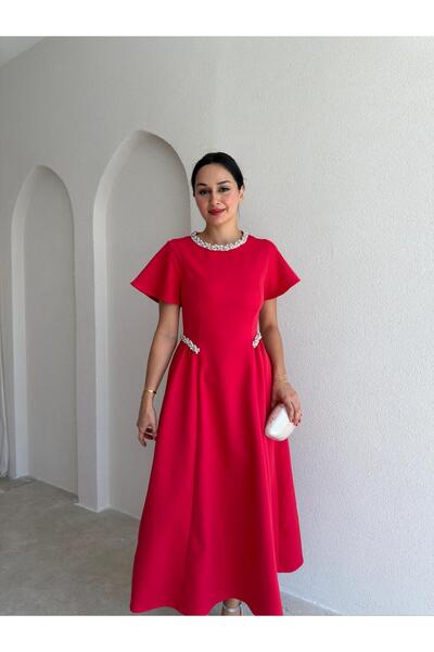 Mooi Butik Senori̇ta Stone Detailed Midi Dress 3769 - Red