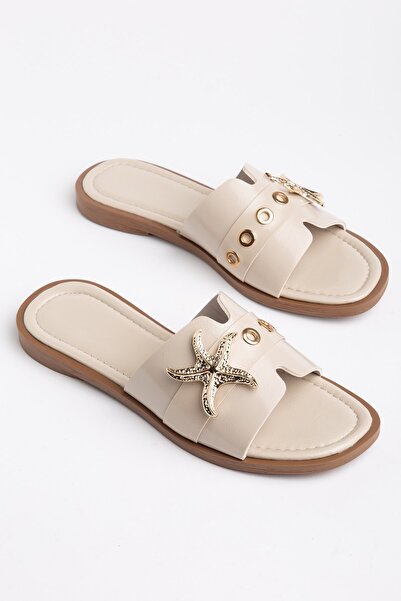 Dilimler Ayakkabı Women's Flat Heeled Slippers with Thick Straps and Ten Star...