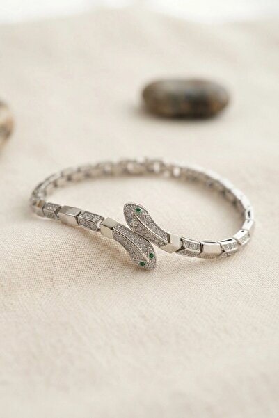 TakÇalıştır Silver Color Brass Zircon Stone Snake Model Women's Bracelet