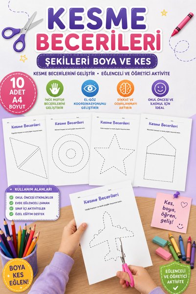 Organik Yolda Kesme Becerileri Şekilleri Boya ve Kes Etkinlik Seti 10 Sayfa A4 | Okul Öncesi Motor Beceri Geliştirme Çalışmaları