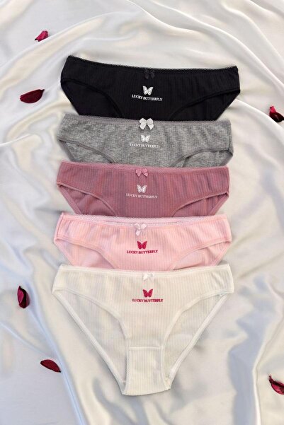 ANDİORA Women's 5-Piece Cotton Ribbed Slip Panties Set with Butterfly Pattern