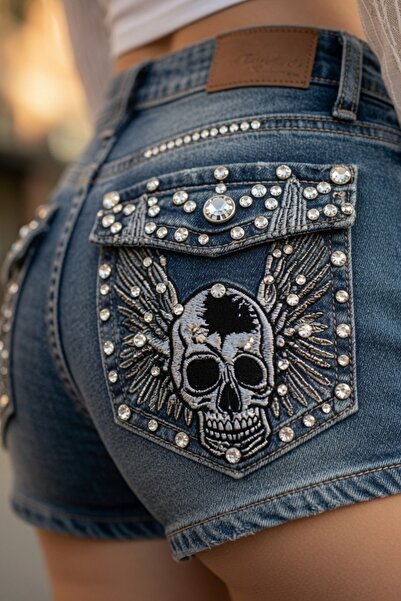 Köstebek Mavi Yıkamalı Taşlı Skull Wings Grunge Y2K Kot Mini Şort