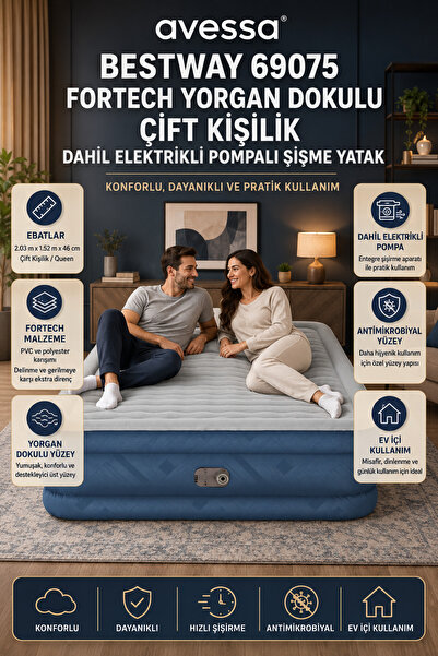 AVESSA 69075 Fortech Yorgan Dokulu Çift Kişilik Elektrikli Pompalı Şişme Yata...