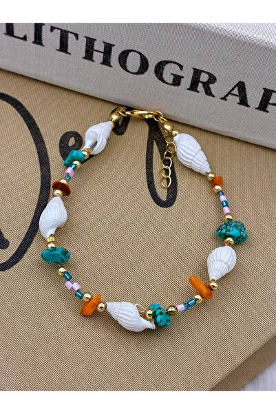 Hedef Bijuteri Gold Detailed White Sea Shell Anklet with Orange Turquoise Nat...