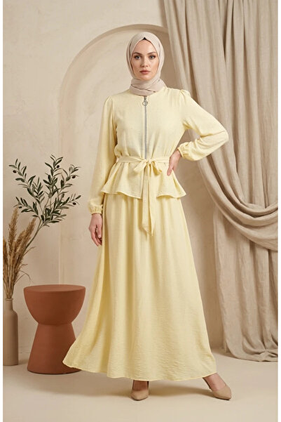 sefamerve Stoned Zippered Belted Hijab Double Set 0335-06 Yellow