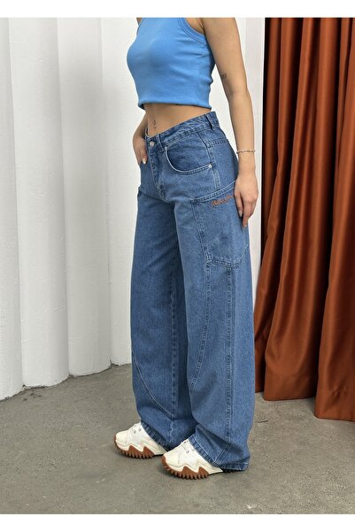 harmony factory Wide Leg High Waist Carpenter Pocket Detailed Blue Denim Trou...