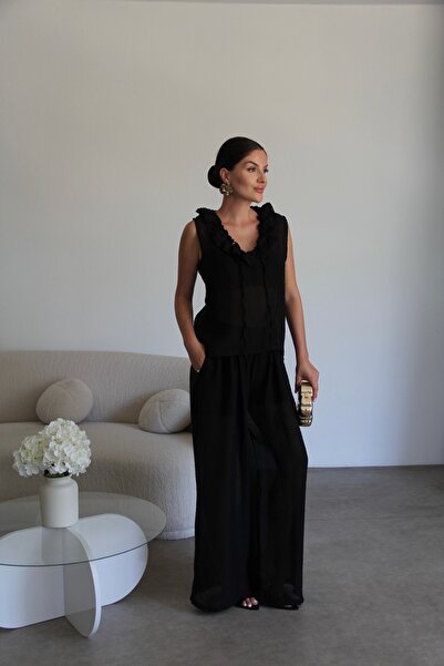 Julidress Ruffle Collar Detailed Blouse and Lined Trousers Top and Bottom Set