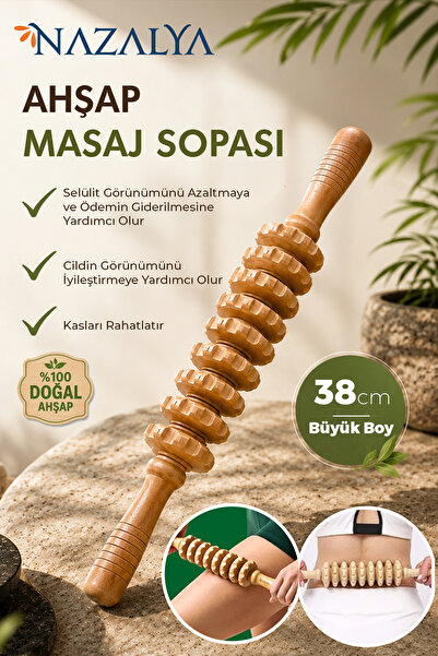 Nazalya Ahşap Tekerlekli Masaj Sopası Merdanesi Çubuğu Sırt Bel Bacak Selülit...