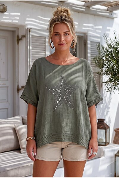 Chiccy Khaki Pool Collar Short Sleeve Sequined Sleeves and Hem with Mesh Deta...