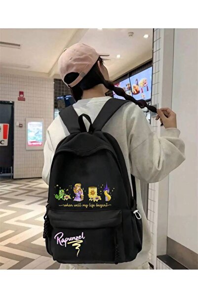 Minga London Rucsac negru cu imprimeu Rapunzel&Tangled pentru școală, ședințe...