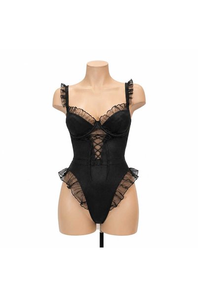 CANELLA SECRET Fırfır Detaylı Bağcıklı Siyah Body