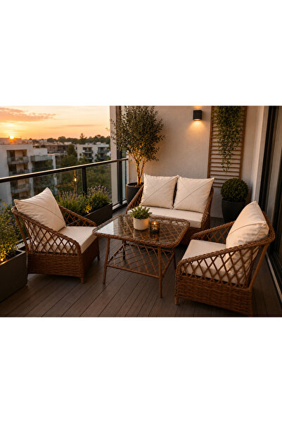 OmitPazar Omit Pazar Rattan Bahçe Balkon Oturma Takımı 2+1+1 Kahverengi – Cam...