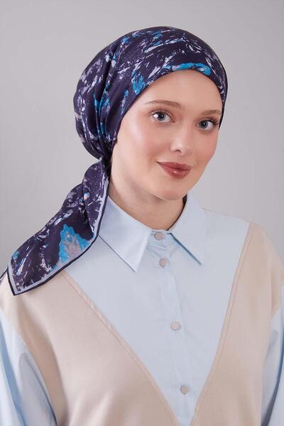 Levidor Navy Blue Retro Floral Pattern Silk Coton Scarf