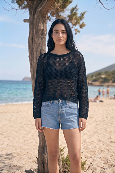 Moda4x4 Women's Clothing Black Boat Neck Openwork Knitwear Blouse Loose Fit S...