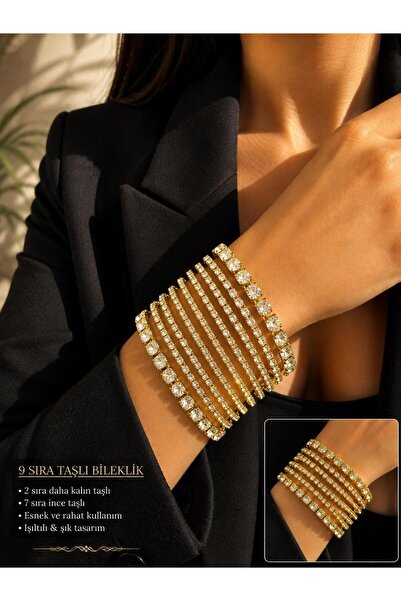 ZS Aksesuar Women's Gold Color 9 Row Zircon Stone Flexible Cuff Bracelet Spar...