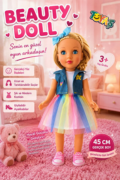 Toyaş Beauty Doll 45 cm Gerçekçi Et Bebek Uzun Saçlı Hareketli Kollu ve Bacak...
