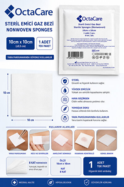 Octacare Nonwoven Steril Emici Gaz Kompres 10cm x 10cm 2 Li 1 Paket