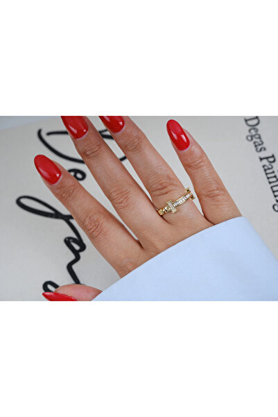 ATELİER TUĞBA Yzk593 Baget Stone Bar Form Gold Adjustable Ring