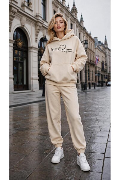 TREND EMMODA Women's Heart Figured Kangaroo Pocket Hooded Sweatshirt