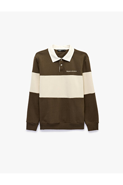 Koton Color Blocked Embroidered Polo Collar Long Sleeve Sweatshirt