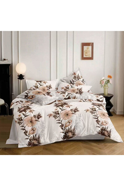 CumparaMisim Lenjerie pat dublu, bumbac satinat, 4 piese, Crem, flori