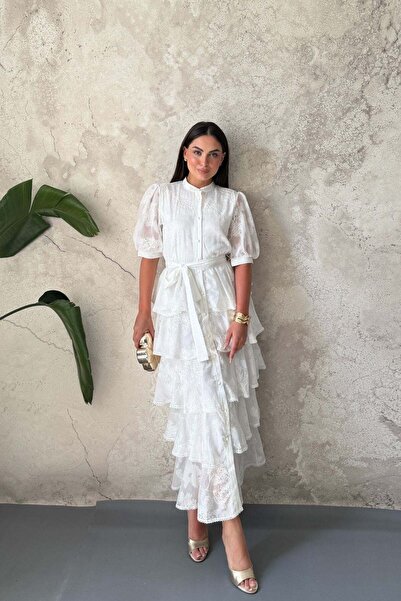 Elbee Fashion Woman Εκρού φόρεμα με σχέδια σε στρώσεις