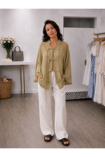 MARE BUTİK Bağlama Detaylı Salaş Kimono Bluz – Haki
