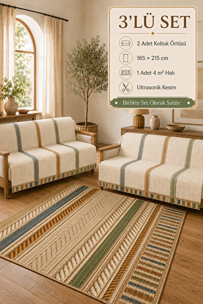 GECE MODA 3’lü Set 2 Adet 165x215 cm Koltuk Örtüsü + 1 Adet 4m2 160x230 cm Ka...