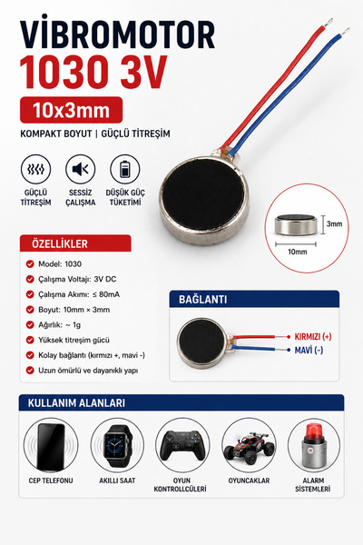 RoboPazar 1030 3V Mikro Titreşim Motoru 10×3 mm Mini Vibrasyon Motoru DC Mikr...