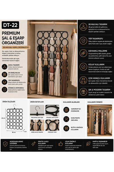 Premium Şal & Eşarp Organizeri | Askılı 28 Halkalı Dolap İçi Düzenleyici