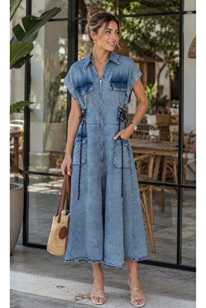 St boutique Yandan Bağlamalı Önden Fermuarlı Tensel Elbise