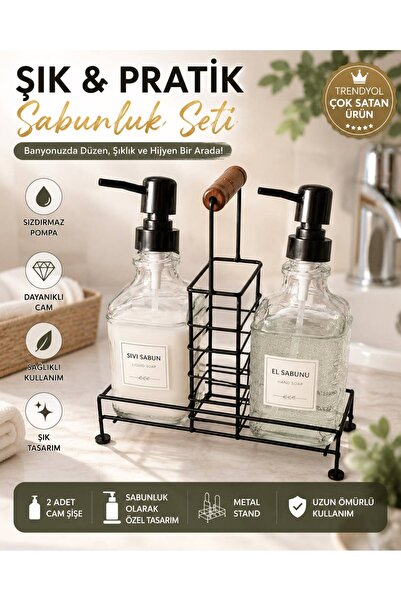 2'li Cam Sıvı Metal Standlı Sabunluk & Deterjanlık Seti- 500 ML