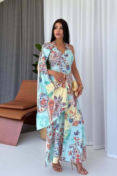 Mine Tan Butik فستان نسائي طويل بتفاصيل كتف واحد وشال منقوش