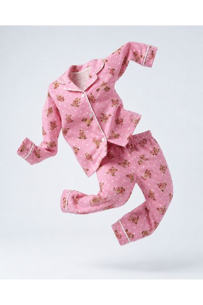 modaminikler Girl's Pink Teddy Bear Patterned Buttoned 100% Cotton 2-Piece Pajama Set (Mother and Child Sold Separately - Price Is for One Item)