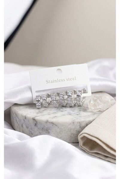 norsary 316L Steel Silver Color Baguette Zircon Stone Hoop Earrings Set