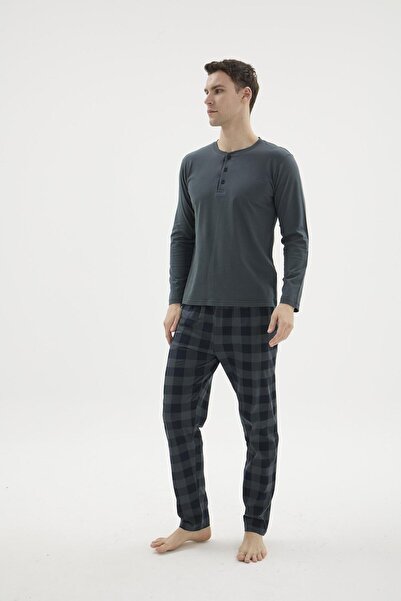 KLY Men's Smoked Long Sleeve Buttoned Collar Plaid Pajama Set C1T2N29