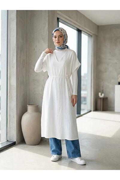 Naknaku Relaxed Fit V-Neck Muslin Dress-Ecru