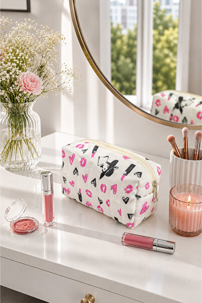 EBRUTESETTÜR Patterned Zippered Makeup Bag White
