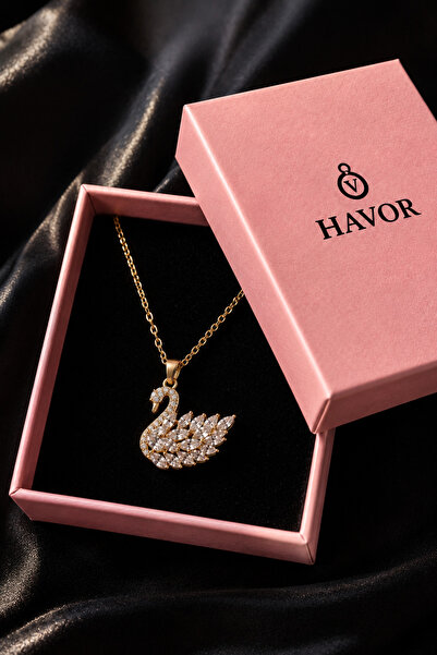 havor Kutulu 316L Çelik Gold Renk Zirkon Taşlı Kuğu Model Kadın Kolye | Karar...