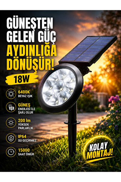 Kazıklı Solar Bahçe Aydınlatması 18Watt Beyaz Işık 6400K