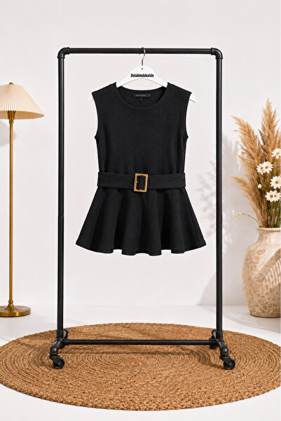 dolabımdakalsın Kadın siyah kemerli peplum kesim kolsuz şık bluz CLT011