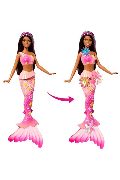 Barbie Sirenă cu flori înflorite Păpușă brunetă cu 3+ funcții JDM73
