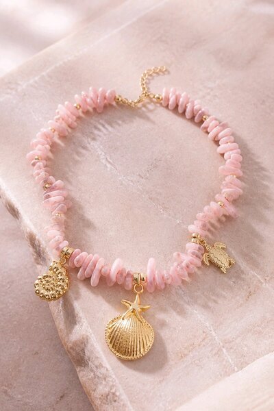 mosmoda Pembe Boncuklu Midye Kolye, (40+7cm)