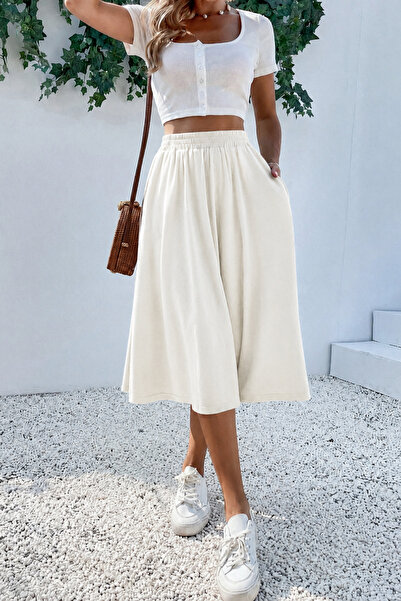 Tarz Cool Women's Ecru 2 Thread Non-Embroidered Elastic Waist Midi Length Cas...