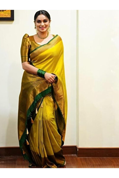 MYSMAR Yellow & Green Zari Woven Kanjivaram Silk Saree - MAF3146